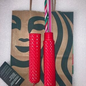 2024 STARBUCKS HOLIDAY RED STUDDED CASE w/2 REUSABLE STRAWS & CLEANING BRUSH